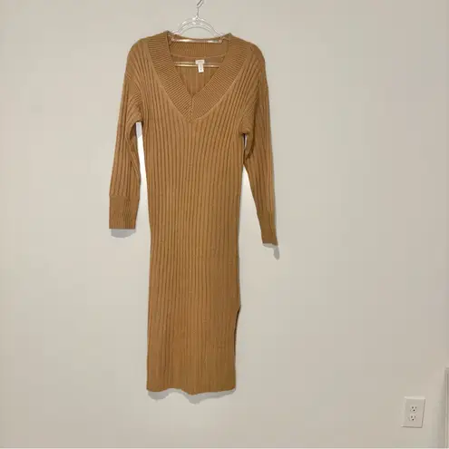 River Island London v-neck ribbed maxi sweater dress Tan Brown Size XS