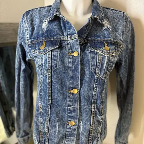 Blue and Gold Jean Jacket with Fitted Silhouette Size L