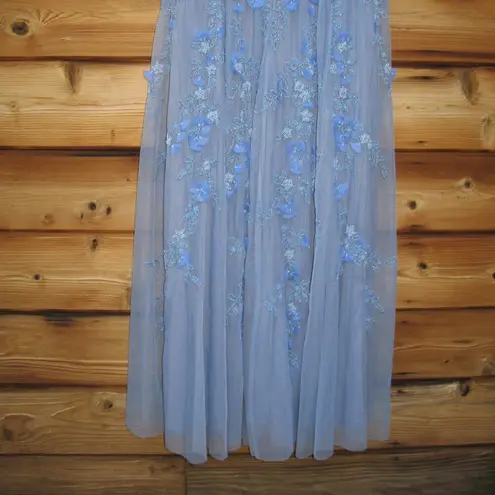 Mac Duggal 14521 Blue Floral Embellished Short Sleeve Mesh Gown Dress