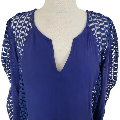 Solitaire swim beach cover-up tunic small navy open crochet sides & sleeves