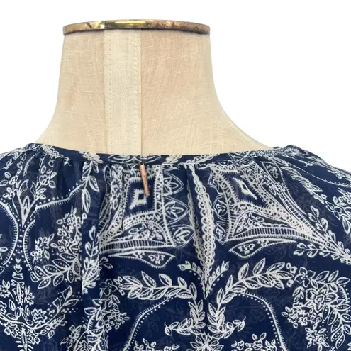 MISA Los Angeles Maya Bell-Sleeve Top Paisley Pom Trim Navy Blue Size XS