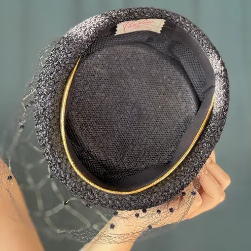 Vintage 50s Netted Straw Pillbox Hat Black
