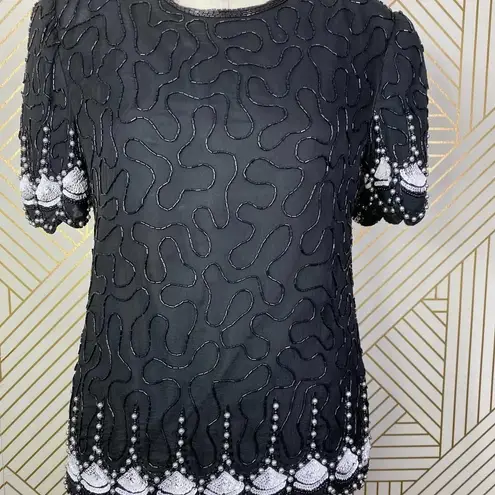 Laurence Kazar Vintage Beaded Blouse in Black & White Gatsby Size Petite Small