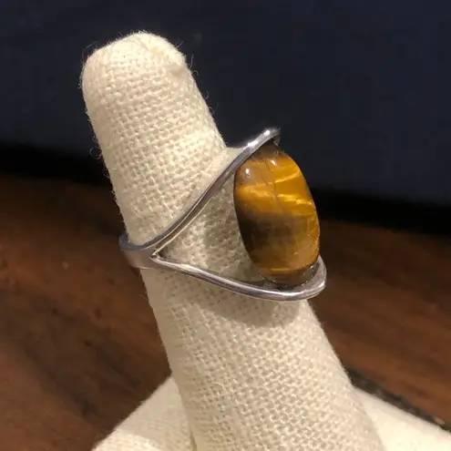 Sterling Silver VINTAGE  Split Head Tension Mount Tigers Eye Ring