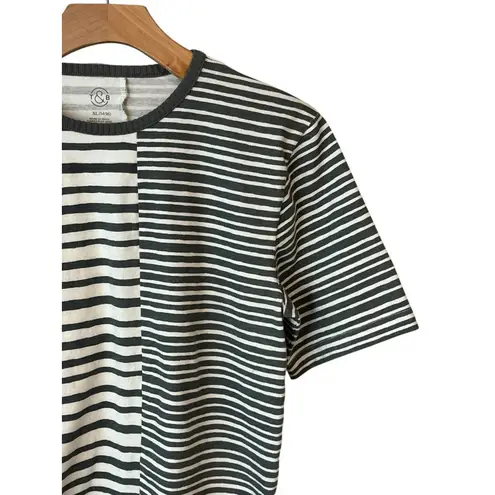 T&B T Shirt Womens Size XL Green White Striped Ribbed Collar Short Sleeve Blouse