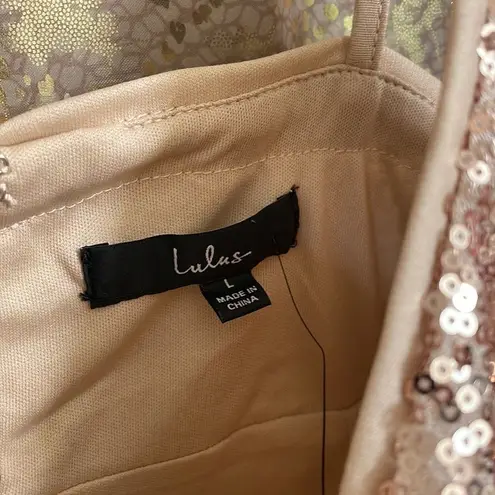 Lulus glam ma’am gold sequin bodycon ruffle mini dress, size L, NWT Gold Size L