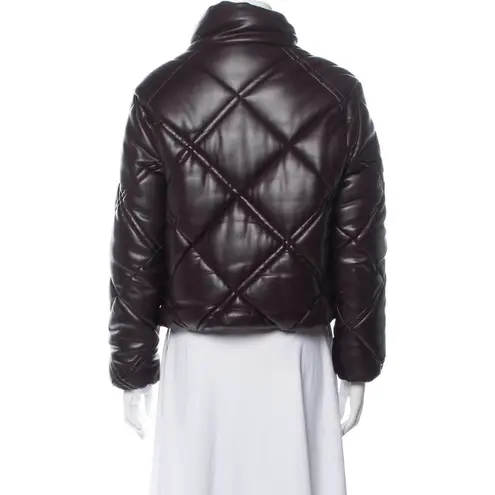 Milly Burgundy Faux Leather Quilted Puffer Jacket Stand Collar Full Zip