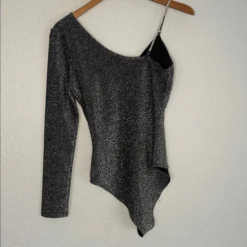Love j Sparkly Silver Black Bodysuit Rhinestone Strap Long Sleeve Glam Going Out NYE