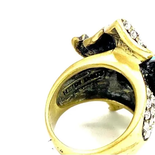 Heidi Daus Ribbon Blossom Flower White Crystal Turquoise and Coral Cab Ring Gold