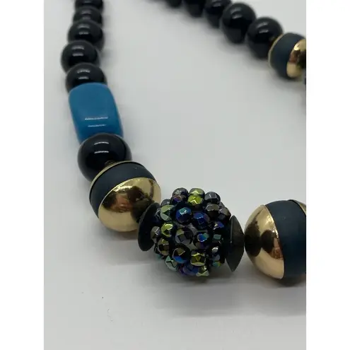 Coldwater Creek Necklace Black Graduated Bead Blue Gold Tone Rhinestones 36"