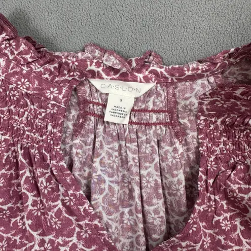 Caslon Nordstrom Top S Purple Floral Print Ruffle Neck Long Sleeve Blouse V Neck