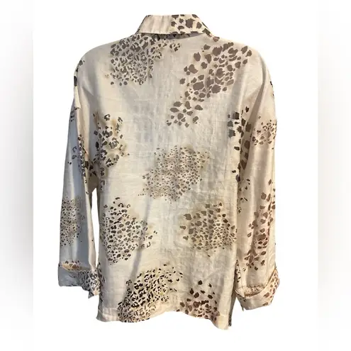 Courtney Washington Women's Large Blouse Linen Blend Animal Print MSRP $168 Brown