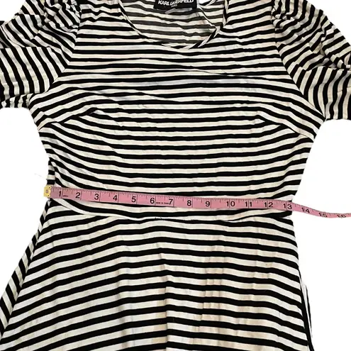 Karl Lagerfeld Paris Belted Striped Pouf Sleeve Round Neck Midi Fit Flare Dress
