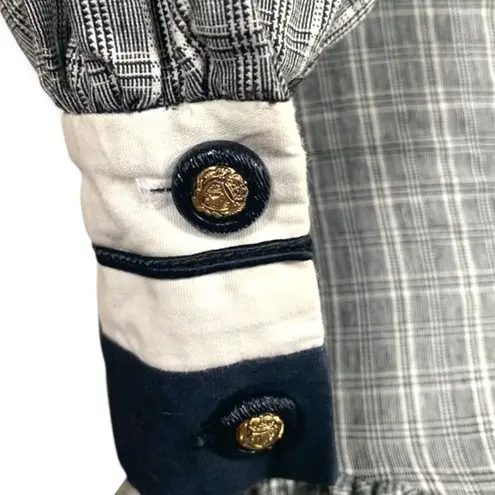 Vintage 80s Leslie Lucks Plaid Puff Sleeve Dress Navy Blue White Midi Retro