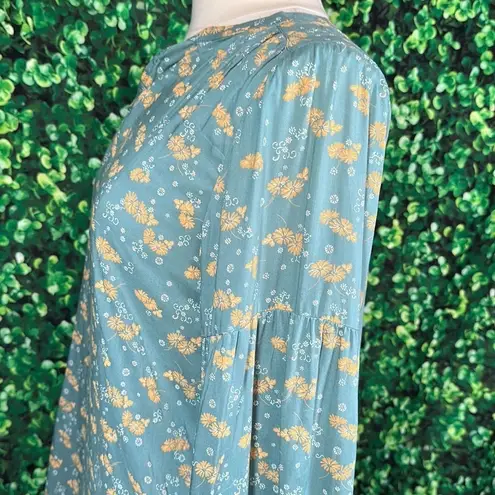 Caslon Split Neck Top in Green Yellow Mia Floral size small 100% Modal