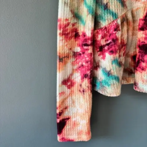 Good Luck Gem XL Top Peplum Tie Dye Waffle Knit Boho Artsy Long Sleeve White