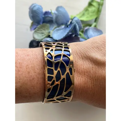 Les Georgettes Cuff Bracelet Gold Tone Blue Reversible Leather France Made