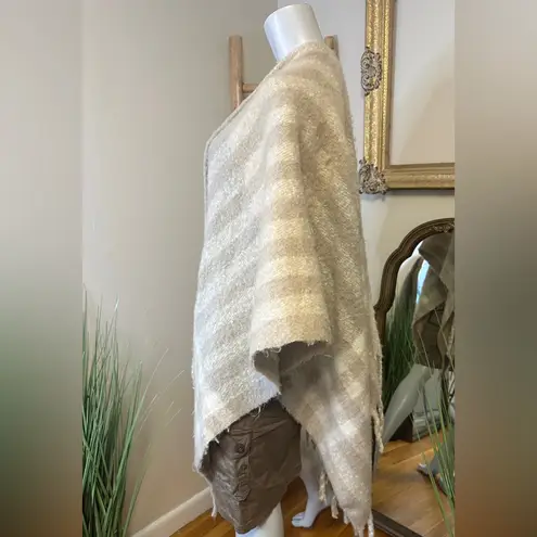 MAP from Mexico Cozy Striped Fringe Poncho Cape Wrap Sweater Gray