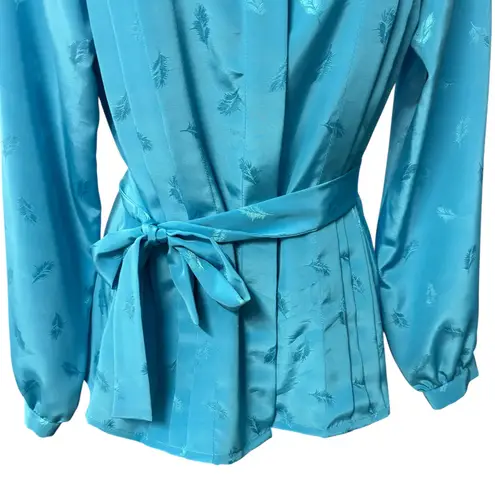 Vintage Feather Print Blouse with Belt Long Sleeve Button Up Top Medium Blue