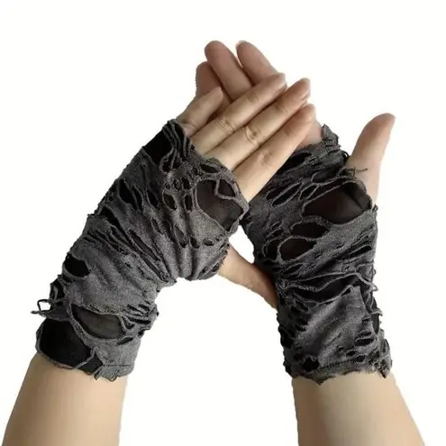1 Pair of Black and grey ripped fingerless Punk gloves