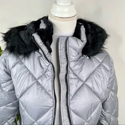 Sebby Collection Gray Silver Quilted Puffer Coat Black Faux Fur Trim NEW Sz S