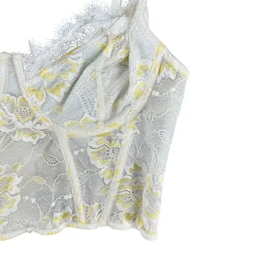 Y2K Retro Fairycore Corset Lace Sheer White Yellow Floral Caged Boning XL Size XS