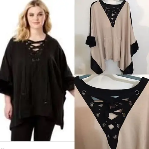 Romans Faux Fur lined Uni pocket arm hole poncho Black Size 28W