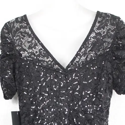 Marina Ruched Sleeves Lace Sequins Dress Size S V Neck Short Sleeve Black