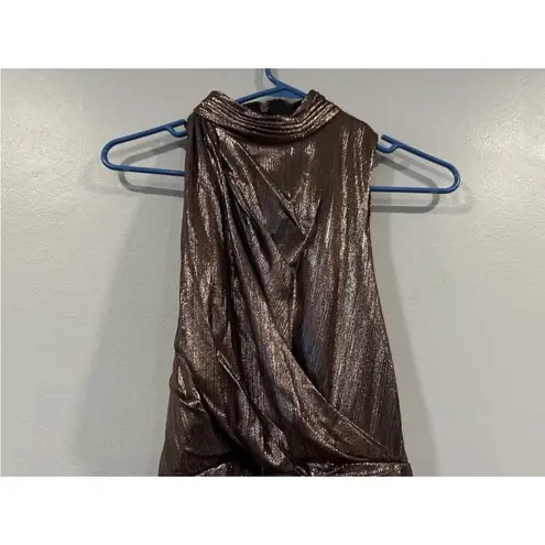 Mac Duggal Metallic Mocha 27085 High Neck Cut Out Sleeveless Gown Dress Sz 0