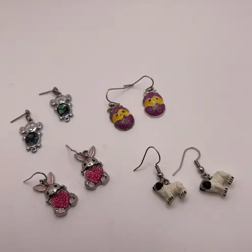 Lot Of 4 Costume Earrings Pierced Dangle / Drop Easter Egg, Rabbit, Pug, Koala
