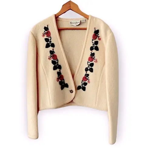 BRANDON Vintage Pure Virgin Wool Cropped Floral Embroidered Cardigan Size M Size M