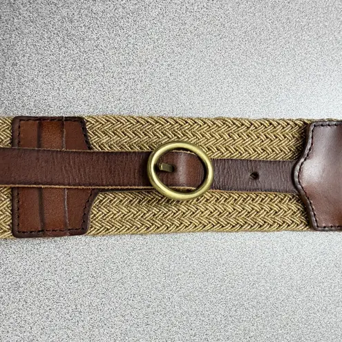 Linea Pelle Cotton Leather Belt S/M Gold Woven Brass Buckle 2.25in Wide