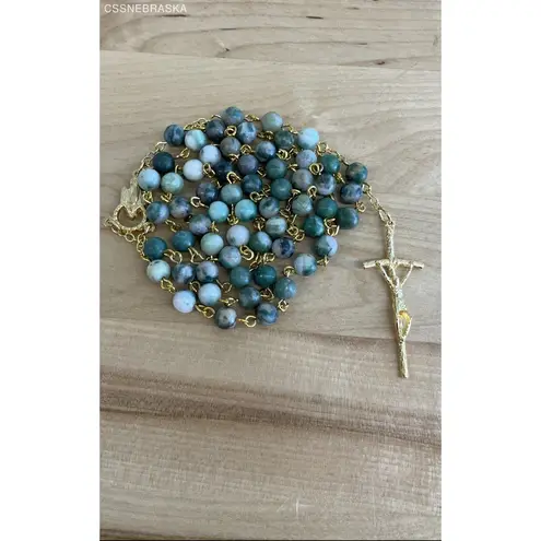 Handcrafted 20" Rosary 6mm Bead of Ching Hai Jade Gold Crucifix, Center, Chain