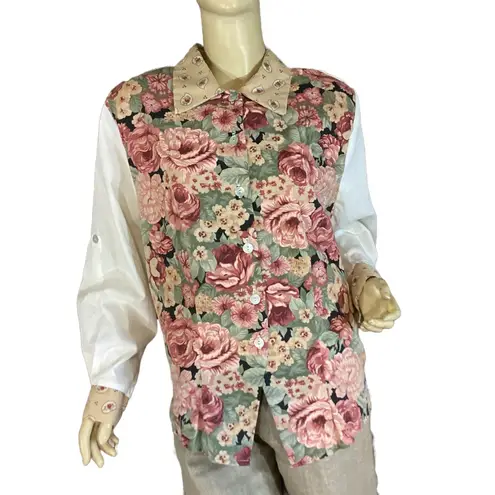 BOBBIE BROOKS WOMAN VINTAGE 1990'S BEIGE & PINK FLORAL PRINT BUTTON DOWN (14)