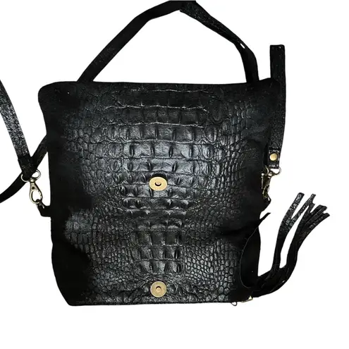 BORSE IN PELLE Made In Italy Croc print Genuine Leather Crossbody Handb… Black