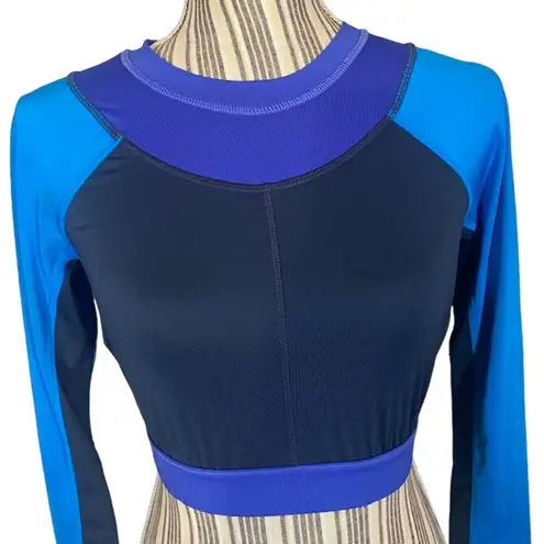 Joy Lab Blue Multi-Color Block Athletic Cut Out Long Sleeve Crop Top Women SZ S