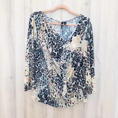 Milano Womens Leopard Print Ruffle Top Size L Black Tan Y2K Mob Wife Maximalist Size L
