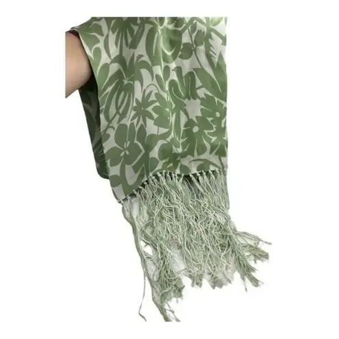 Juliana Collezione 100% Silk Fringed Scarf Cream Sage Green Floral Print