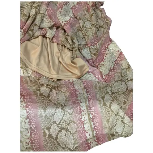 New Snake Reptile Print Spaghetti Strap Sheer Ruffle Lined Maxi Dress Pink M Size M
