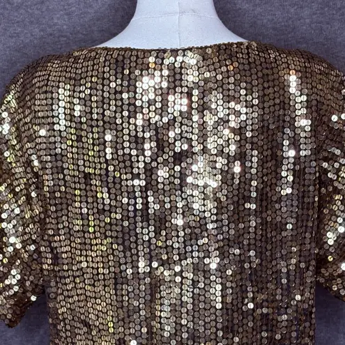 Vintage In Fashions Silk Sequin Party Top Gold Blue Beaded Blouse Size Large