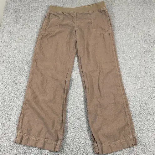 Stem Linen Wide Leg Pants Women L Tan Elastic Waist Coastal Beach Brown Size L