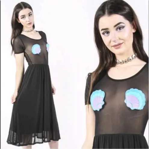 Iron fist NEW! Mermaid For Life Sheer Black Midi Dress 5X Turquoise Blue Shells