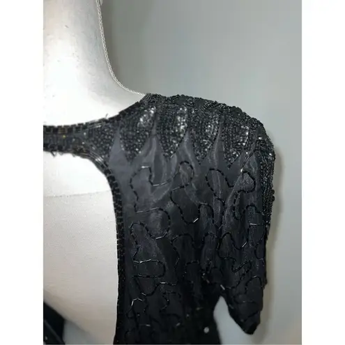 100% Silk Vintage Women’s Black Beaded Open Back MIDI Dress LARGE