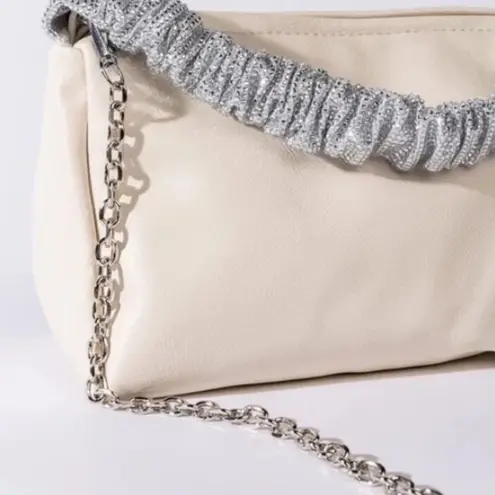 Callie Lives Cream w/ Silver Ruched Handle Crossbody Bag with detachable chain