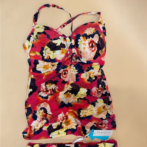 Seafolly Raspberry Pink Multicolor Floral Kabuki Bloom Bikini Swim Suit Sz 10 US