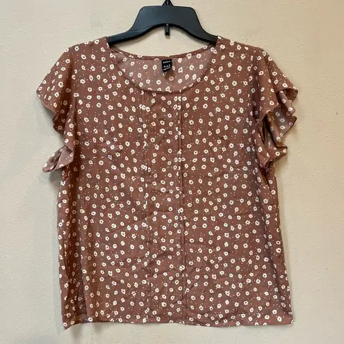 Women’s Mauve Pink Ditsy Floral Flounce Sleeve Ruffle Blouse Large