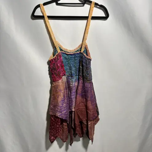 VTG Silk Smocked Sleeveless Tunic Top Handkerchief Hem Fairy Colorful Boho S Y2K