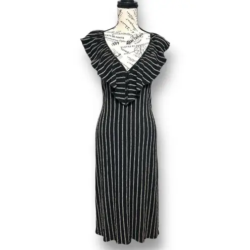 ZARA New  Size L Black Striped Ruffle V-Neck Midi Dress Sleeveless Open Back Boho