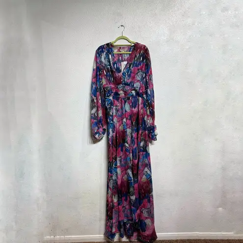 Adrienne Landau Floral Watercolor Draped High Slit Deep V Maxi Gown Sz 12 NWT Pink
