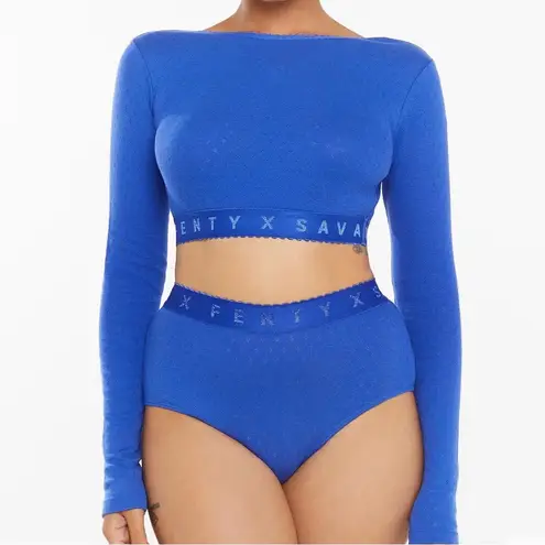 SAVAGE x Fenty NWT Jersey Knit Pointelle Long Sleeve Crop Top Blue Size XS